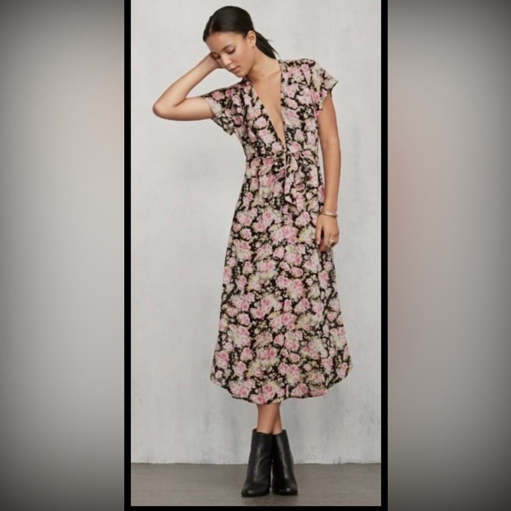 Reformation Black and Pink Floral Midi viscose Dress, US0